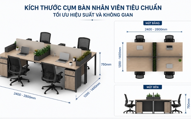 Kích thước cụm bàn nhân viên tiêu chuẩn tối ưu hiệu suất và...